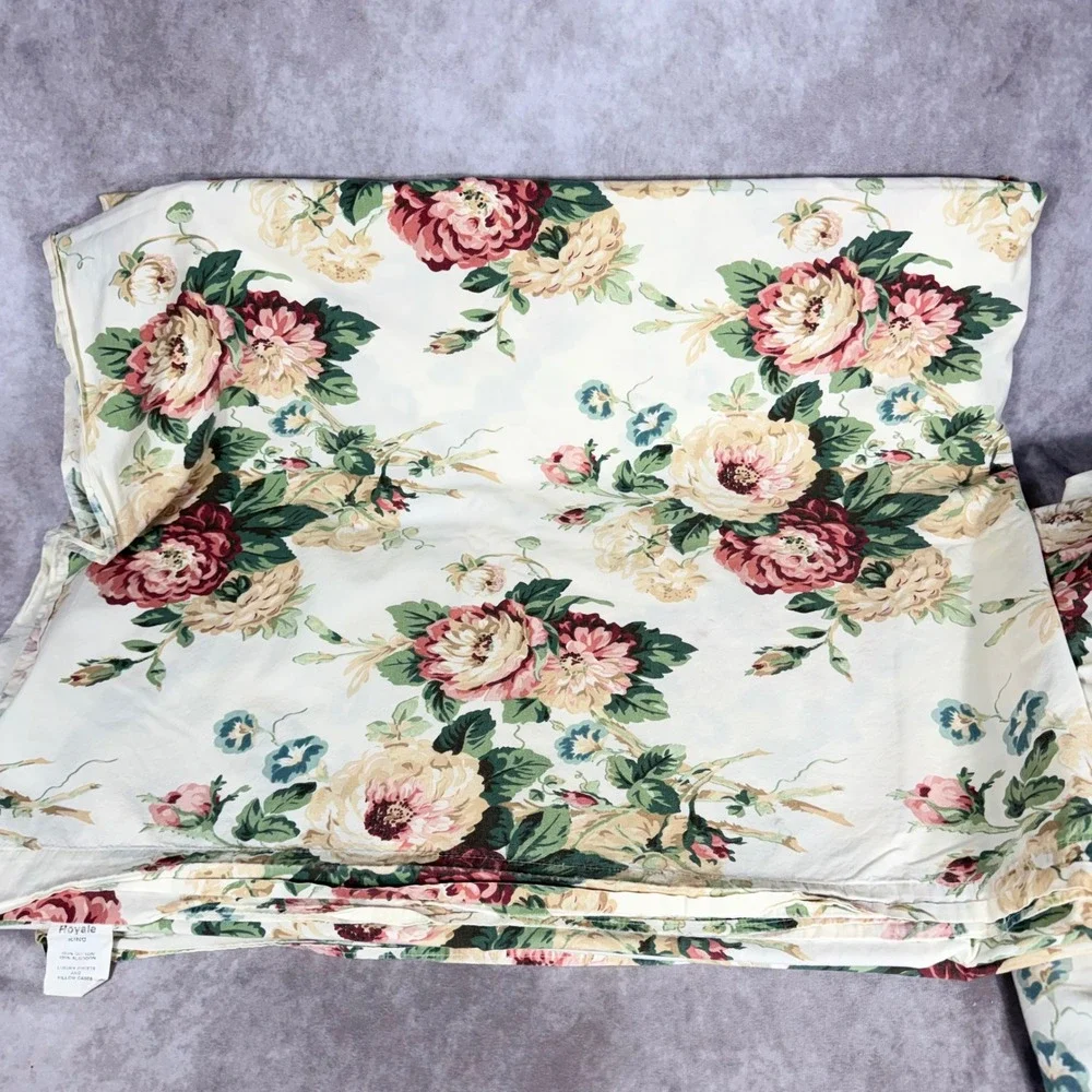 Vtg Royale Floral King Sheet Set 2pc 100% Cotton Cabbage Rose Cottage Chic USA